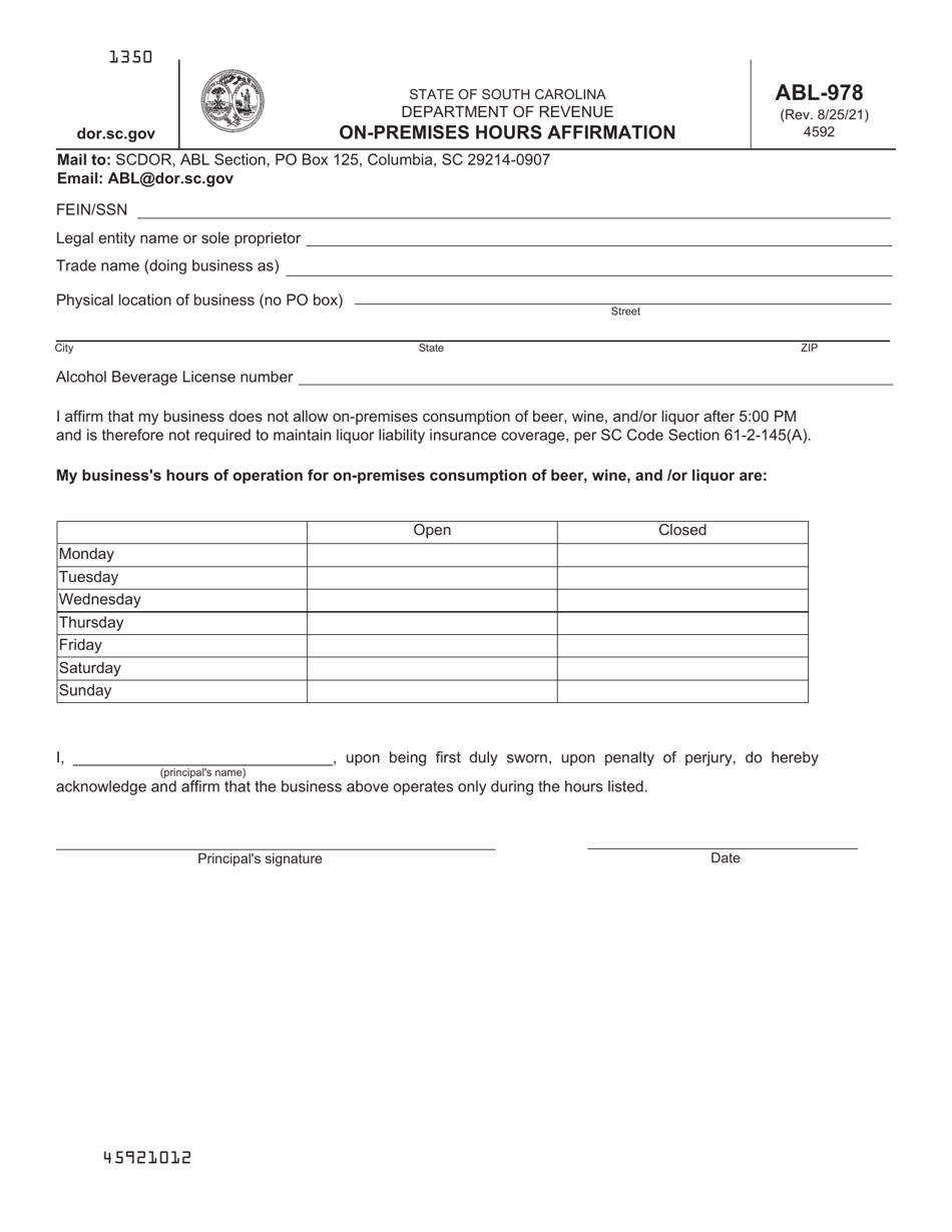 Form ABL-978 On-Premises Hours Affirmation - South Carolina, Page 1