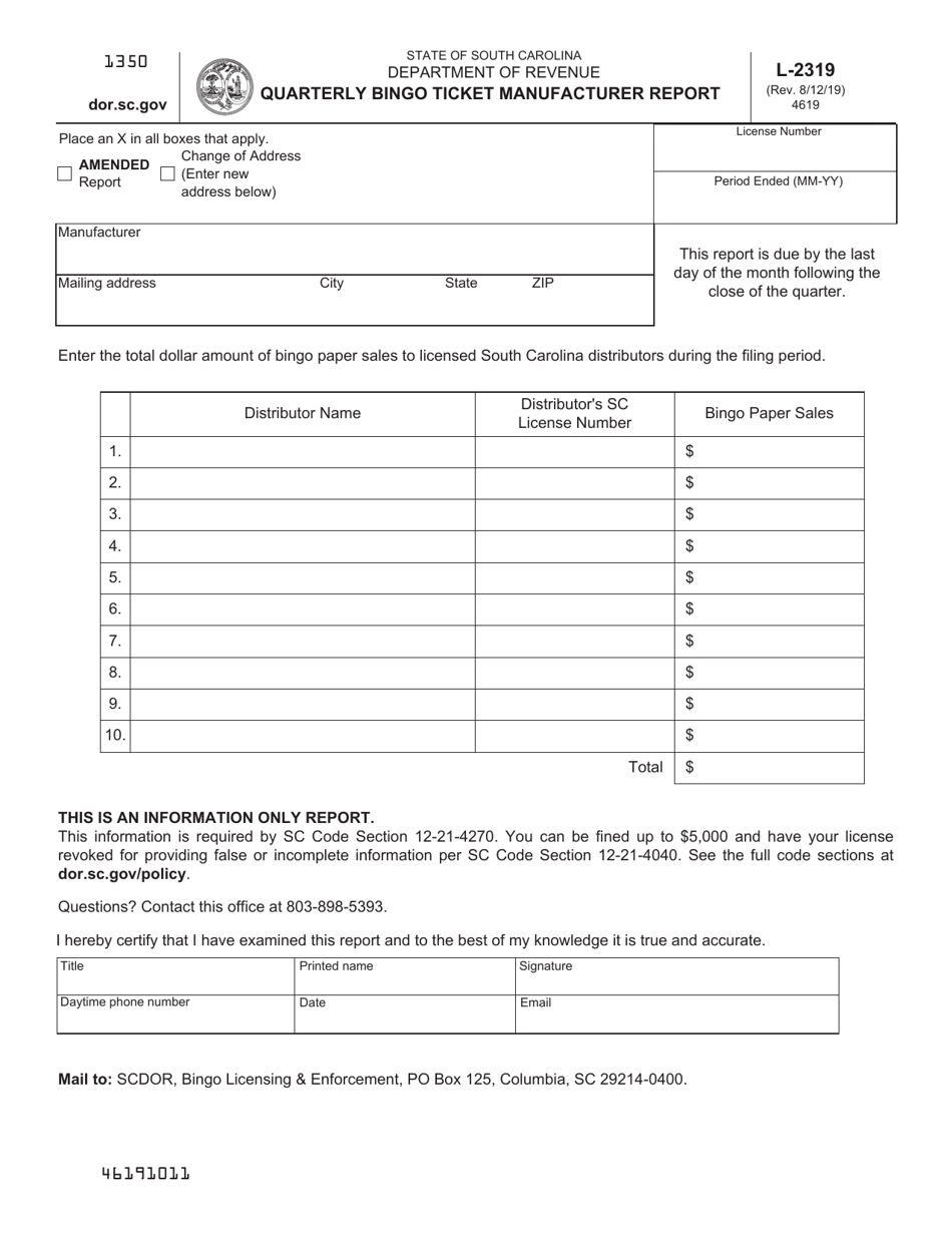 Form L-2319 Quarterly Bingo Ticket Manufacturer Report - South Carolina, Page 1