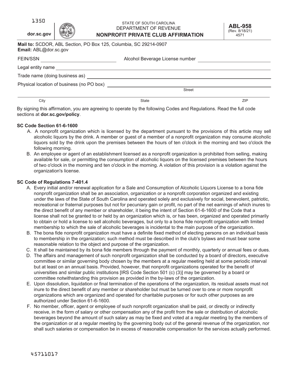 Form ABL958 Download Printable PDF or Fill Online Nonprofit Private
