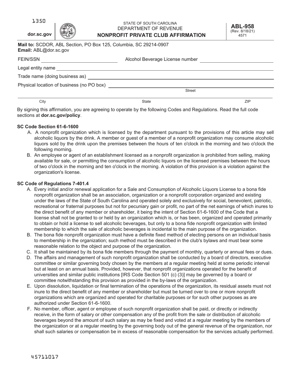 Form ABL-958 Nonprofit Private Club Affirmation - South Carolina, Page 1