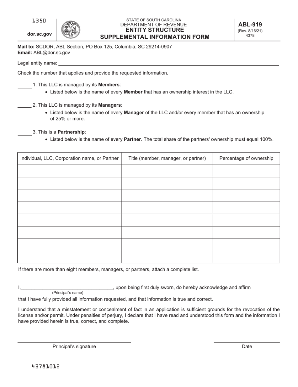 Form ABL-919 Entity Structure Supplemental Information Form - South Carolina, Page 1