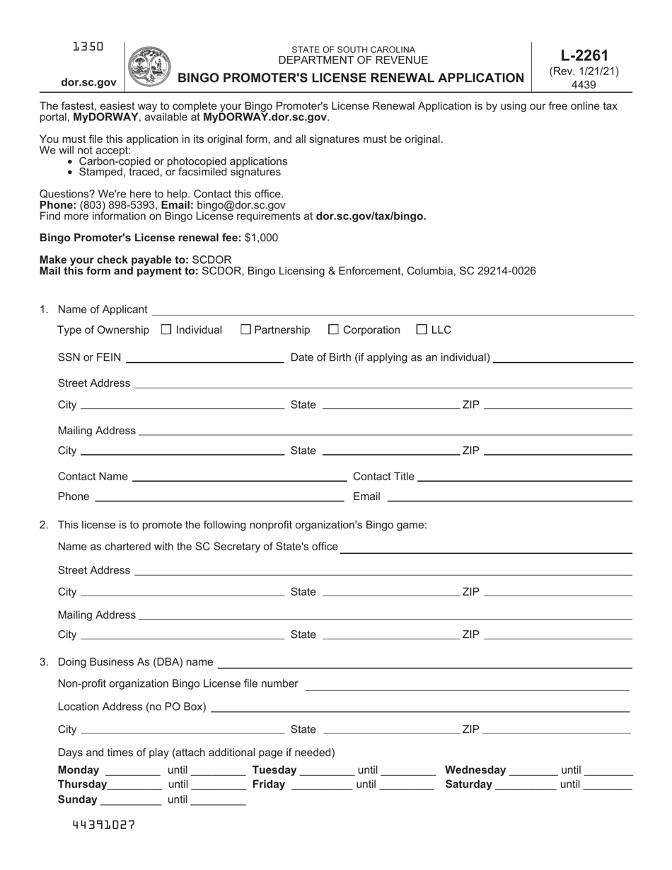 Form L-2261 Bingo Promoters License Renewal Application - South Carolina, Page 1