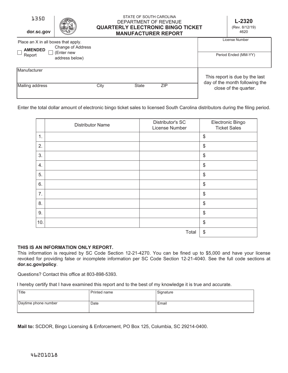 Form L-2320 Quarterly Electronic Bingo Ticket Manufacturer Report - South Carolina, Page 1