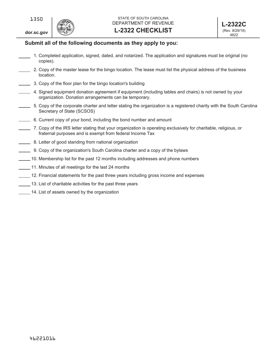 Form L-2322 Application for Bingo License Class C - Hard Cards - South Carolina, Page 1