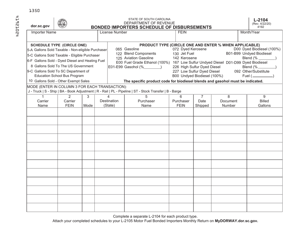 Form L-2104 Bonded Importers Schedule of Disbursements - South Carolina, Page 1