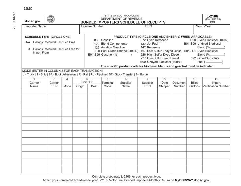 Form L-2106 Bonded Importers Schedule of Receipts - South Carolina, Page 1