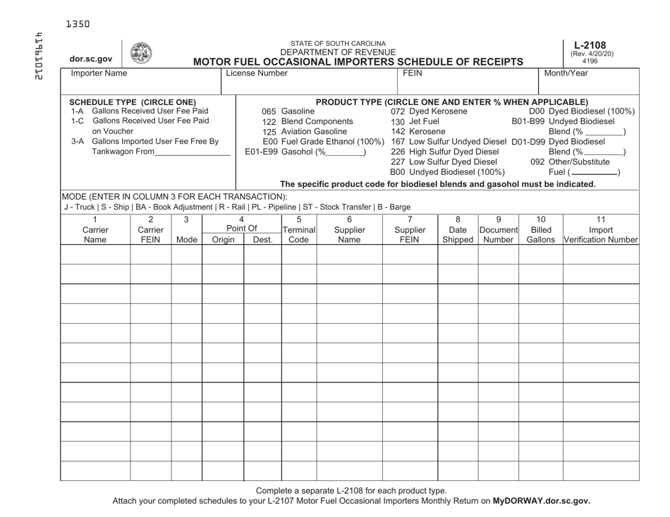 Form L-2108 Motor Fuel Occasional Importers Schedule of Receipts - South Carolina, Page 1