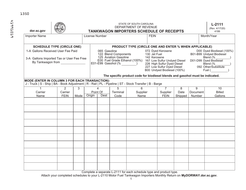 Form L-2111 Tankwagon Importers Schedule of Receipts - South Carolina