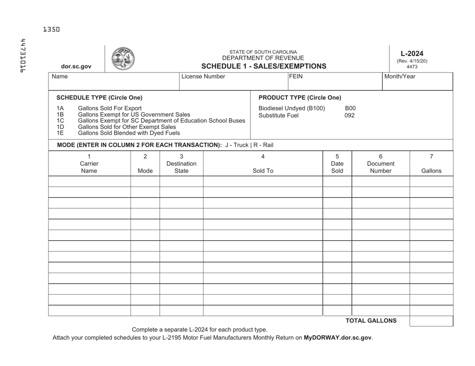 Form L-2024 Schedule 1 Sales / Exemptions - South Carolina, Page 1