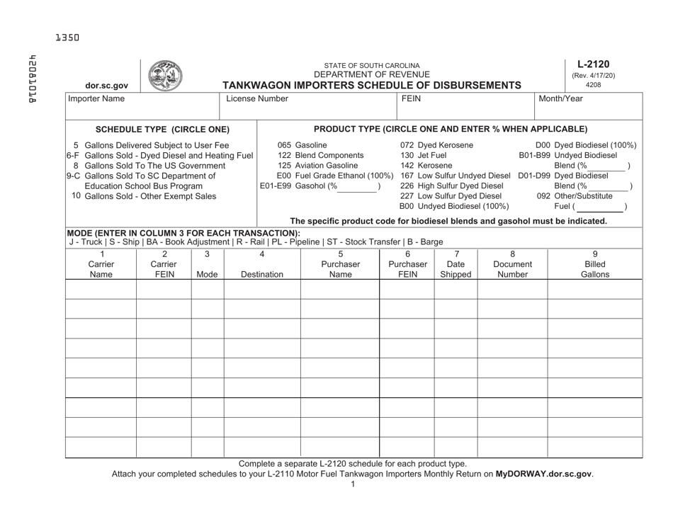 Form L-2120 Tankwagon Importers Schedule of Disbursements - South Carolina, Page 1