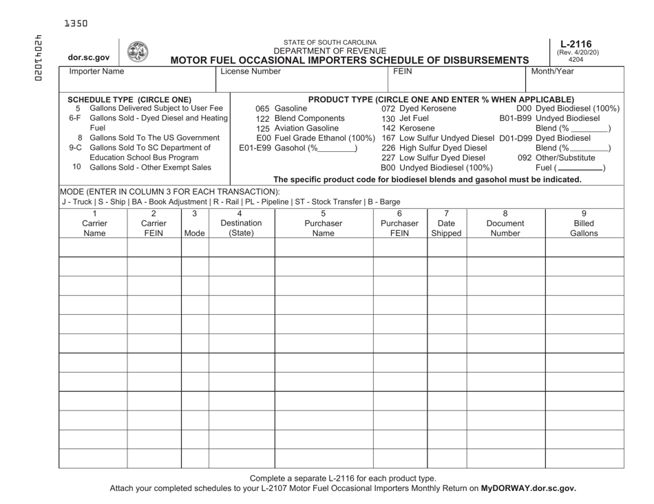 Form L-2116 Motor Fuel Occasional Importers Schedule of Disbursements - South Carolina, Page 1