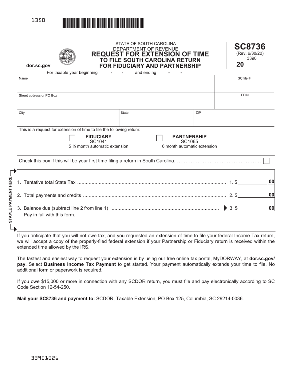 Form SC8736 Request for Extension of Time to File South Carolina Return for Fiduciary and Partnership - South Carolina, Page 1
