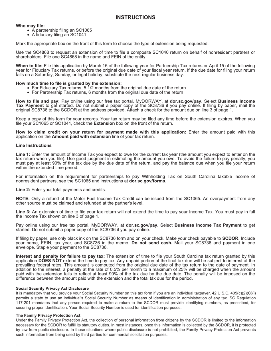 Form SC8736 Request for Extension of Time to File South Carolina Return for Fiduciary and Partnership - South Carolina, Page 2