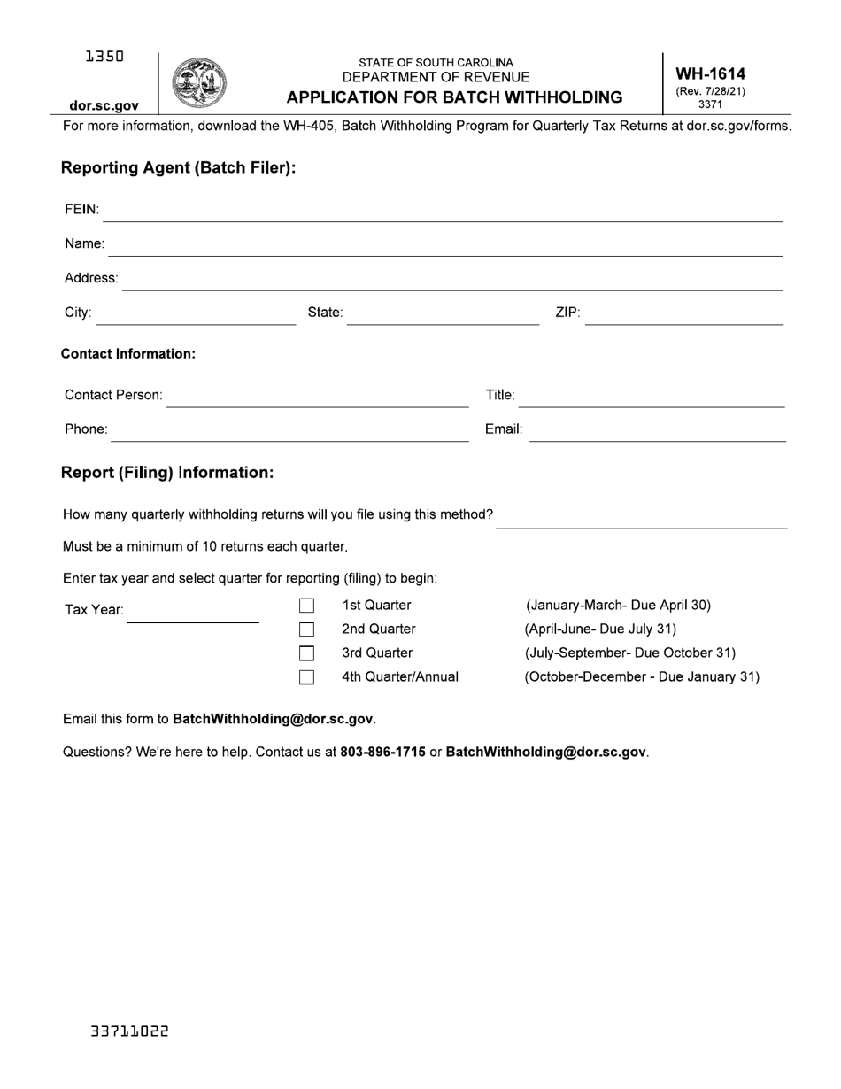 Form WH-1614 Application for Batch Withholding - South Carolina, Page 1