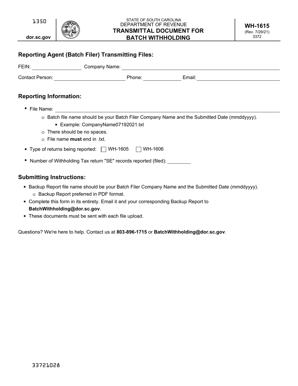 Form WH-1615 Transmittal Document for Batch Withholding - South Carolina, Page 1
