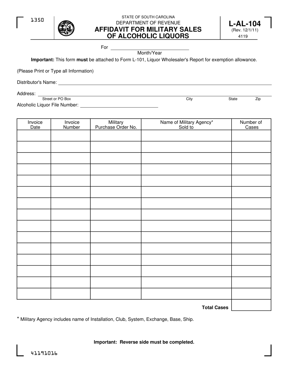 Form L-AL-104 Affidavit for Military Sales of Alcoholic Liquors - South Carolina, Page 1