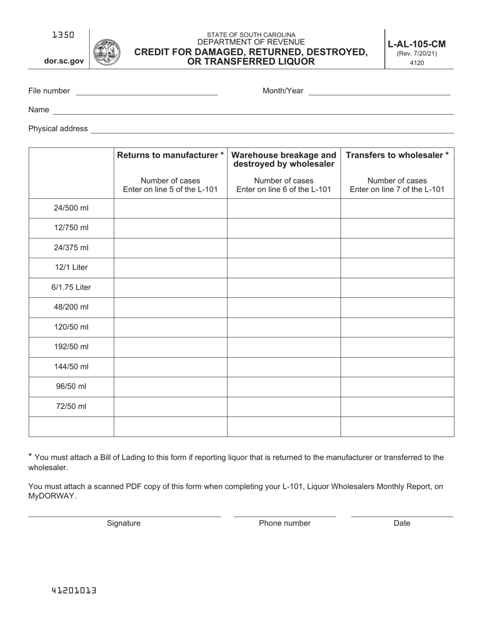 Form L-AL-105-CM Credit for Damaged, Returned, Destroyed, or Transferred Liquor - South Carolina, Page 1