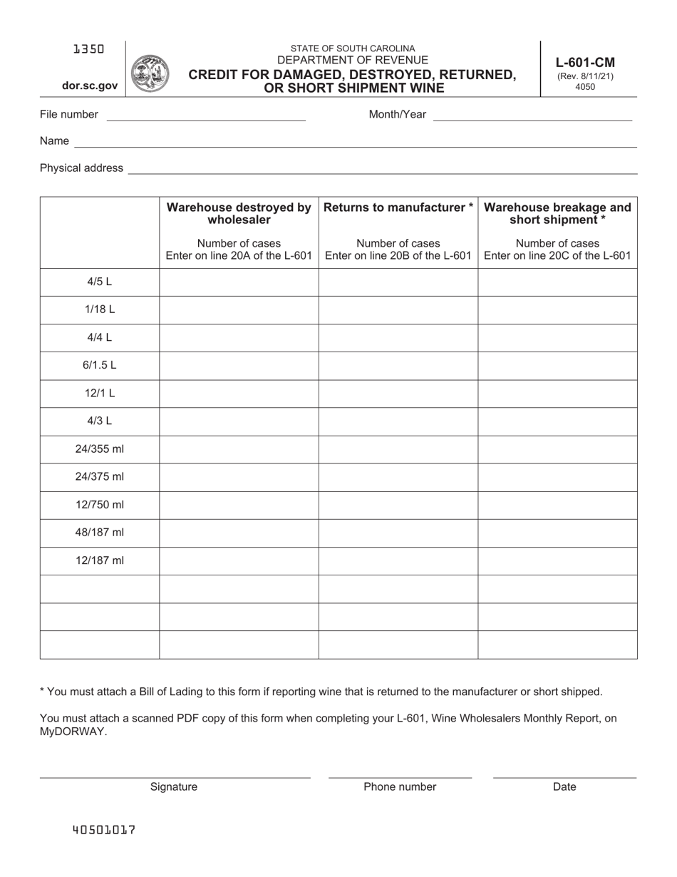 Form L-601-CM Credit for Damaged, Destroyed, Returned, or Short Shipment Wine - South Carolina, Page 1