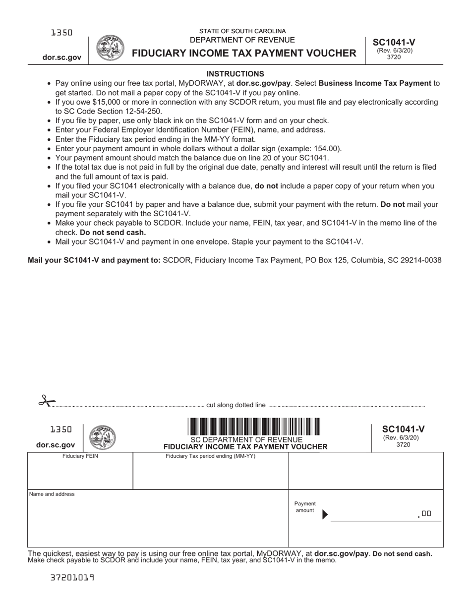 Form SC1041-V Fiduciary Income Tax Payment Voucher - South Carolina, Page 1