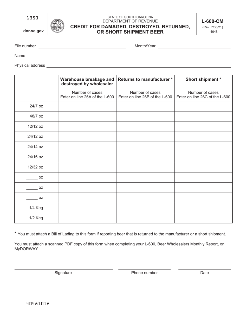 Form L-600-CM Credit for Damaged, Destroyed, Returned, or Short Shipment Beer - South Carolina, Page 1