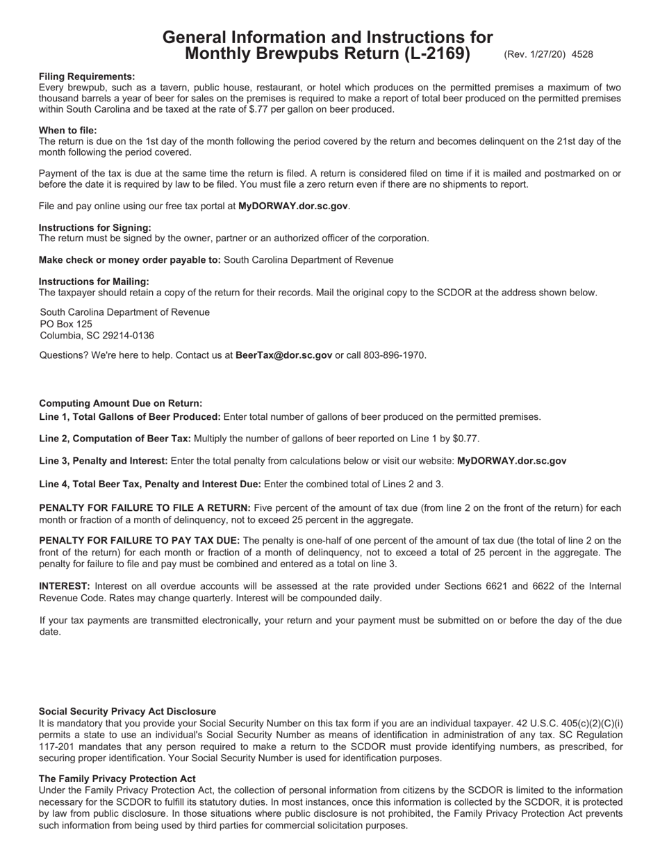 Download Instructions for Form L2169 Monthly Brewpubs Return PDF