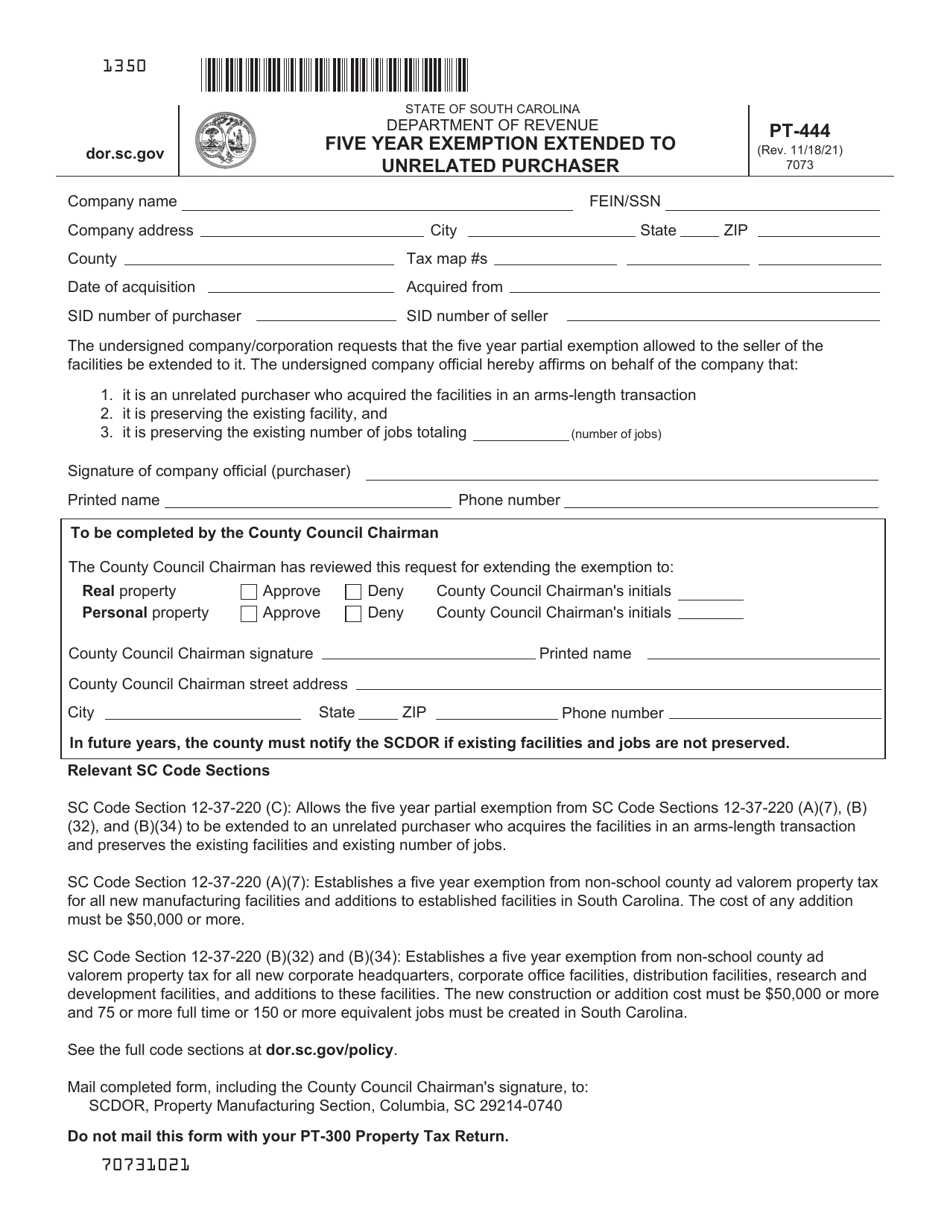 Form PT-444 Five Year Exemption Extended to Unrelated Purchaser - South Carolina, Page 1