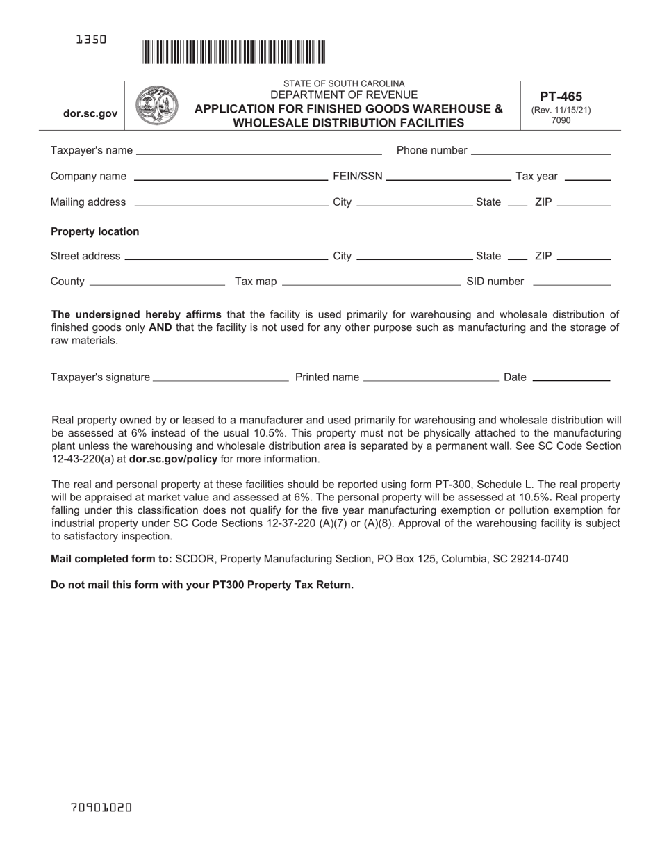 Form PT-465 Application for Finished Goods Warehouse  Wholesale Distribution Facilities - South Carolina, Page 1