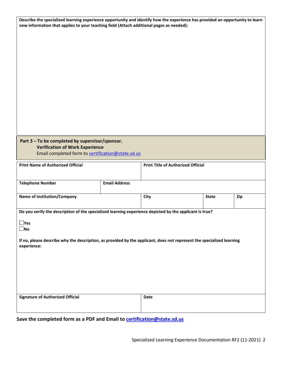 Form RF2 Specialized Learning Experience Documentation - South Dakota, Page 2