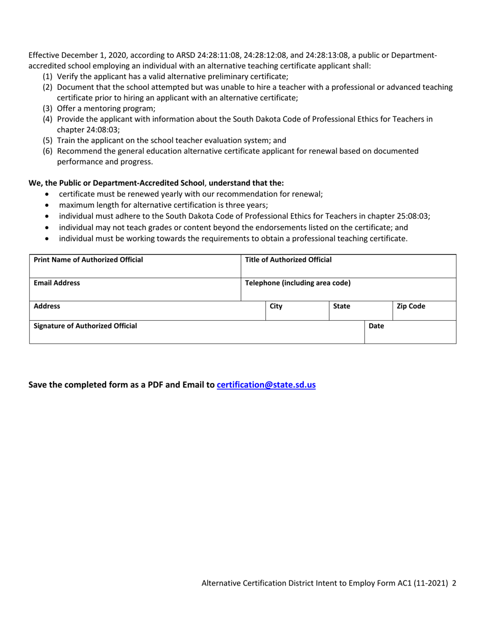 Form AC1 Alternative Certification District Intent to Employ - General Education, Cte and Tfa Alternative Certification - South Dakota, Page 2