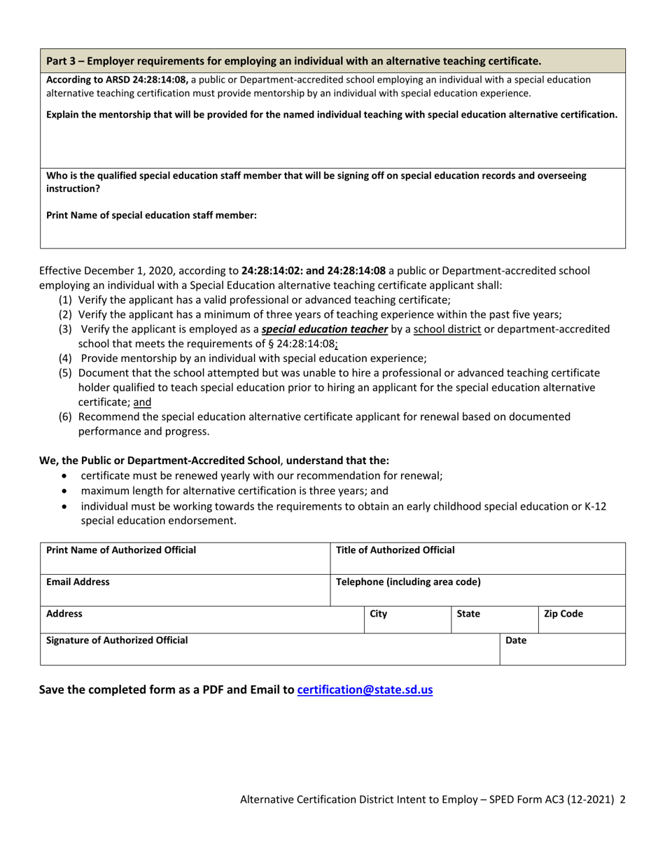 Form AC3 Alternative Certification District Intent to Employ - Special Education Alternative Certification - South Dakota, Page 2