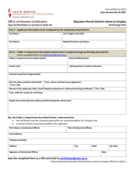 Form EPV8 &quot;Educator Permit District Intent to Employ - Performing Artist&quot; - South Dakota