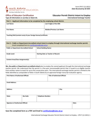 Form EPV7 &quot;Educator Permit District Intent to Employ - International Exchange Teacher&quot; - South Dakota