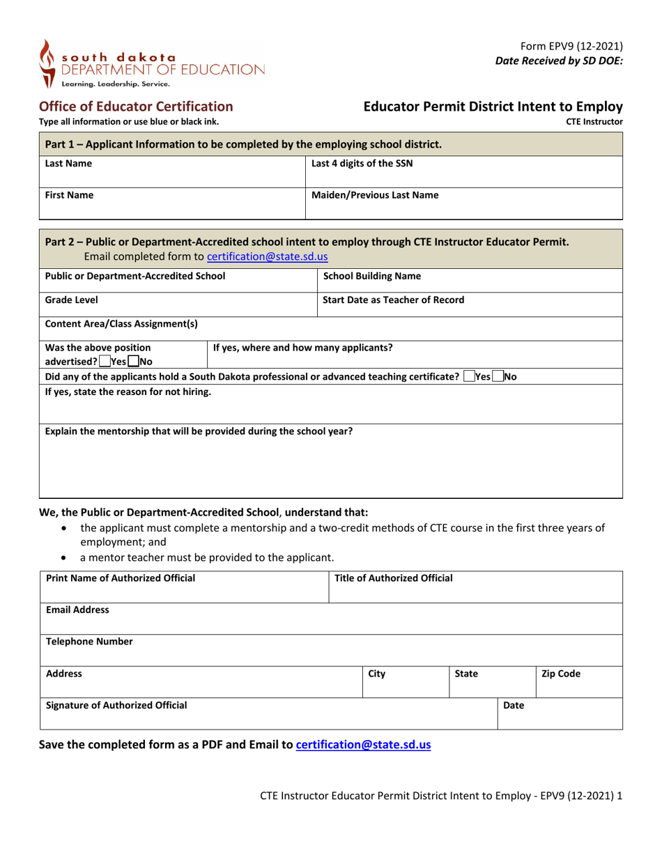 Form EPV9 Educator Permit District Intent to Employ - Cte Instructor - South Dakota, Page 1