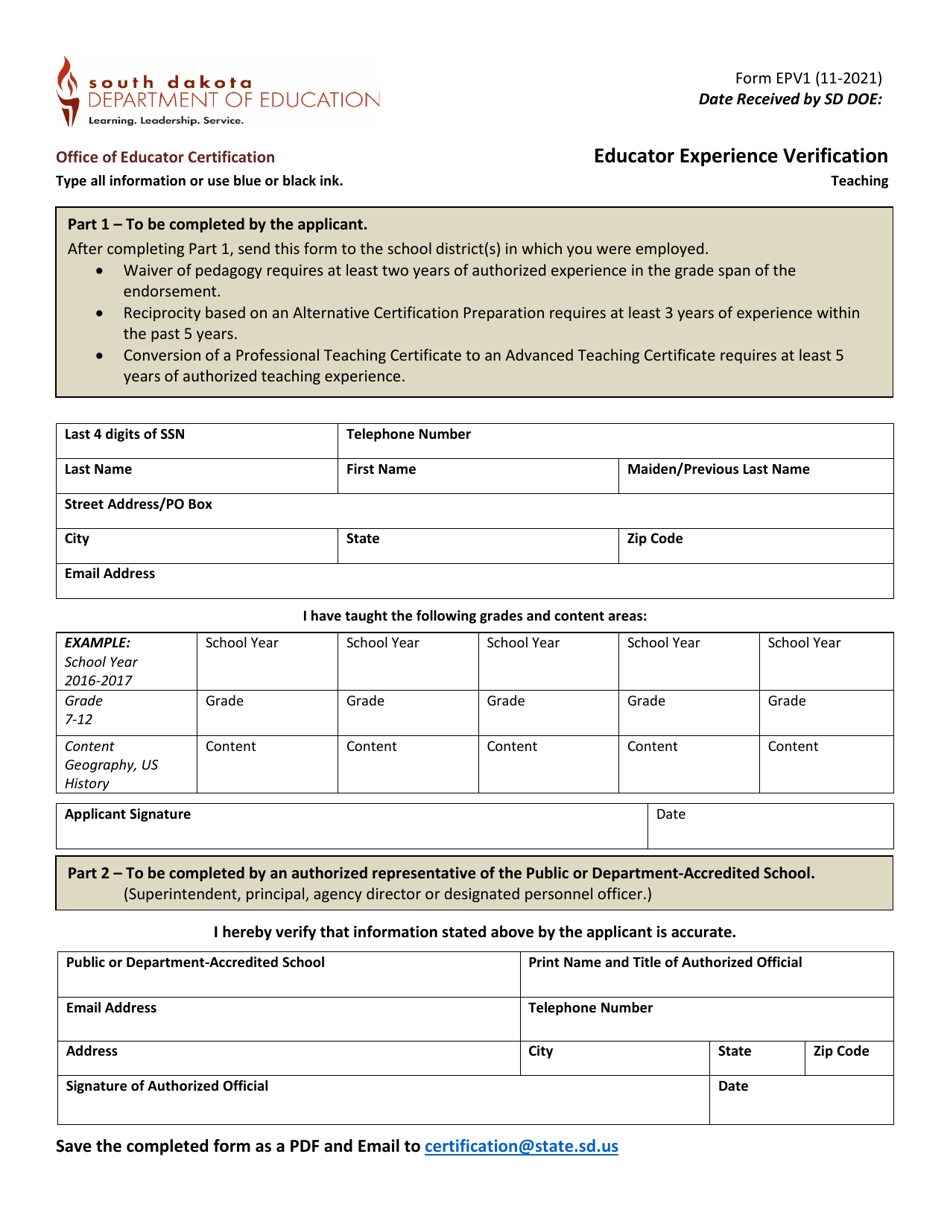Form EPV1 Educator Experience Verification - Teaching - South Dakota, Page 1