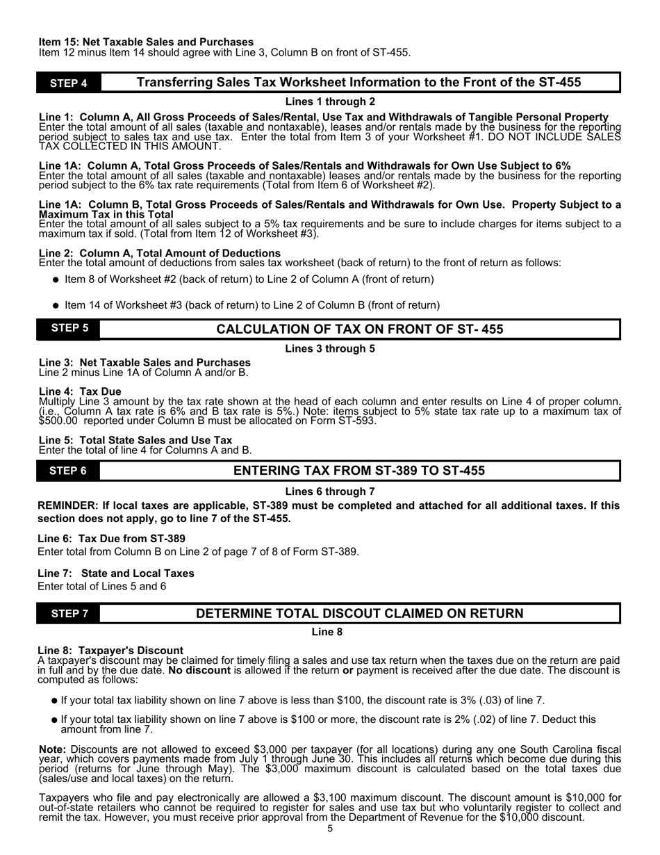Instructions for Form ST-455 State Sales, Use, and Maximum Tax Return - South Carolina, Page 5