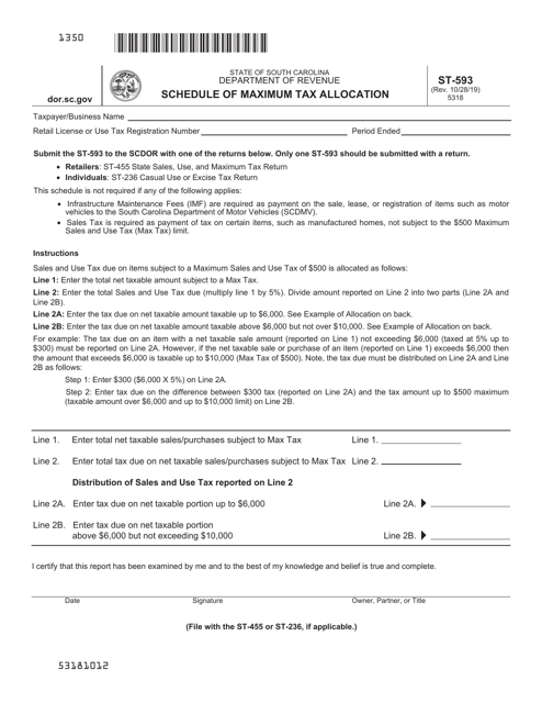 Form ST-593 Schedule of Maximum Tax Allocation - South Carolina