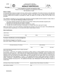 Form ST-8A Resale Certificate - South Carolina