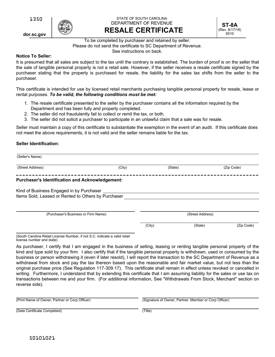 Form ST-8A Resale Certificate - South Carolina, Page 1
