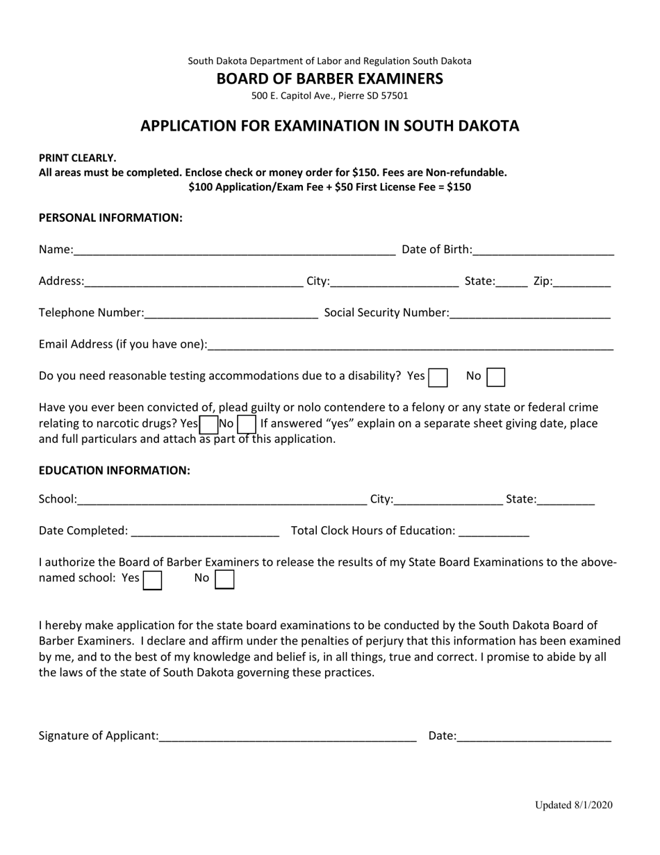Application for Barber License Examination - South Dakota, Page 1