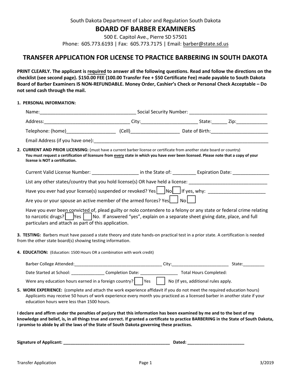 Transfer Application for License to Practice Barbering in South Dakota - South Dakota, Page 1