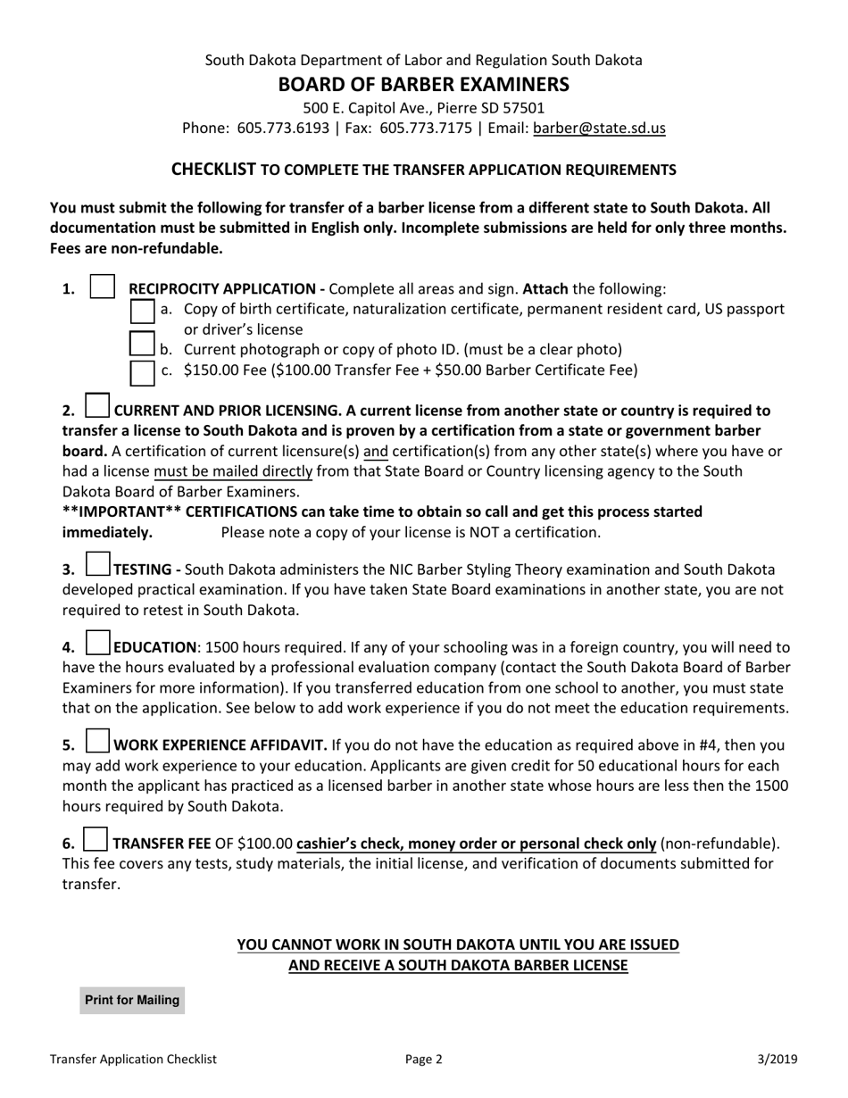 Transfer Application for License to Practice Barbering in South Dakota - South Dakota, Page 2