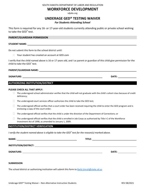 Underage Ged Testing Waiver for Students Attending School - South Dakota Download Pdf