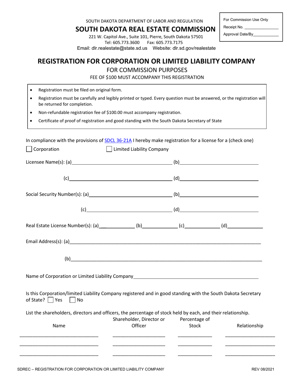 Registration for Corporation or Limited Liability Company for Commission Purposes - South Dakota, Page 1
