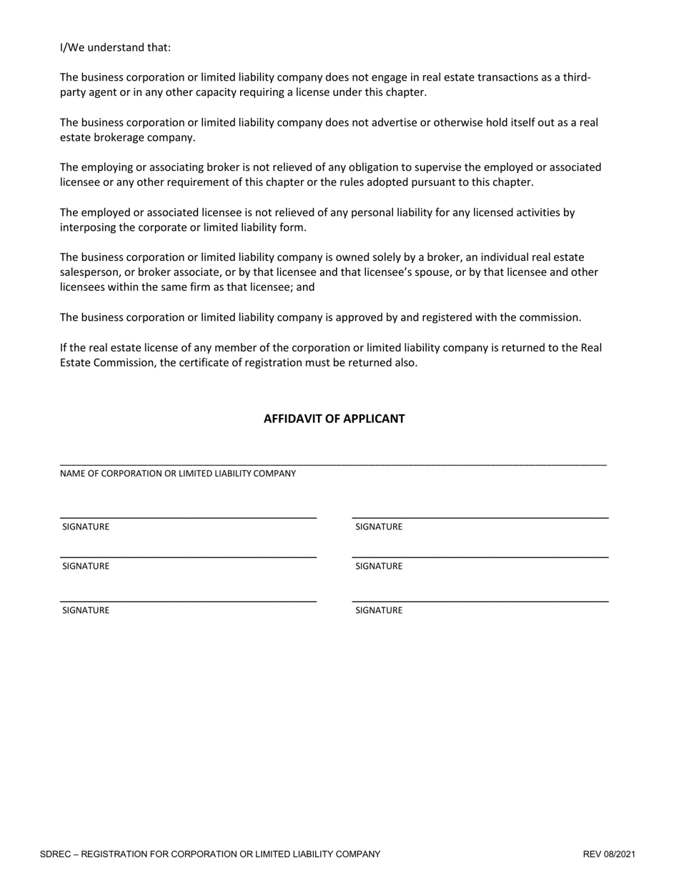 Registration for Corporation or Limited Liability Company for Commission Purposes - South Dakota, Page 2