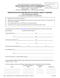 Document preview: Registration for Corporation or Limited Liability Company for Commission Purposes - South Dakota