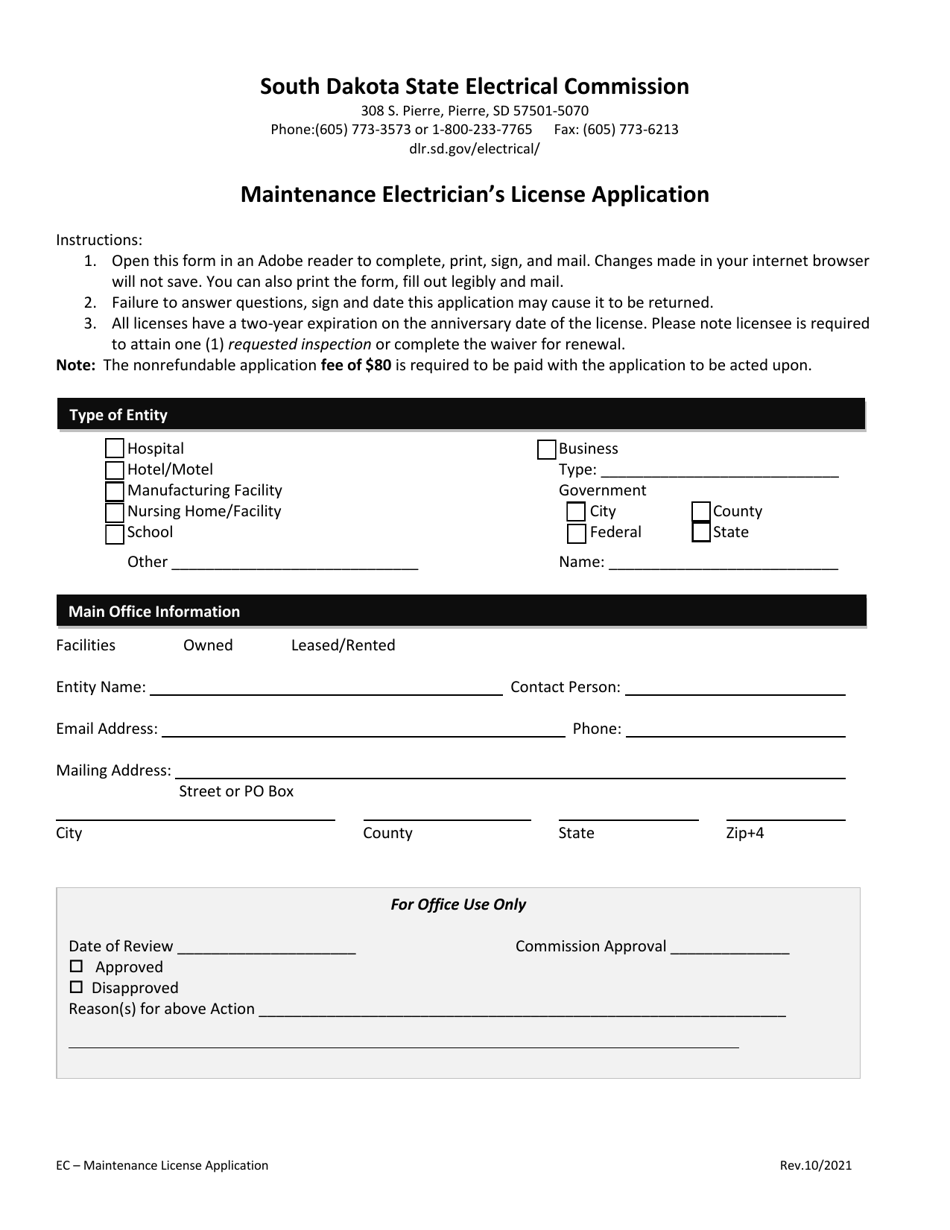 South Dakota Maintenance Electrician's License Application Fill Out, Sign Online and Download