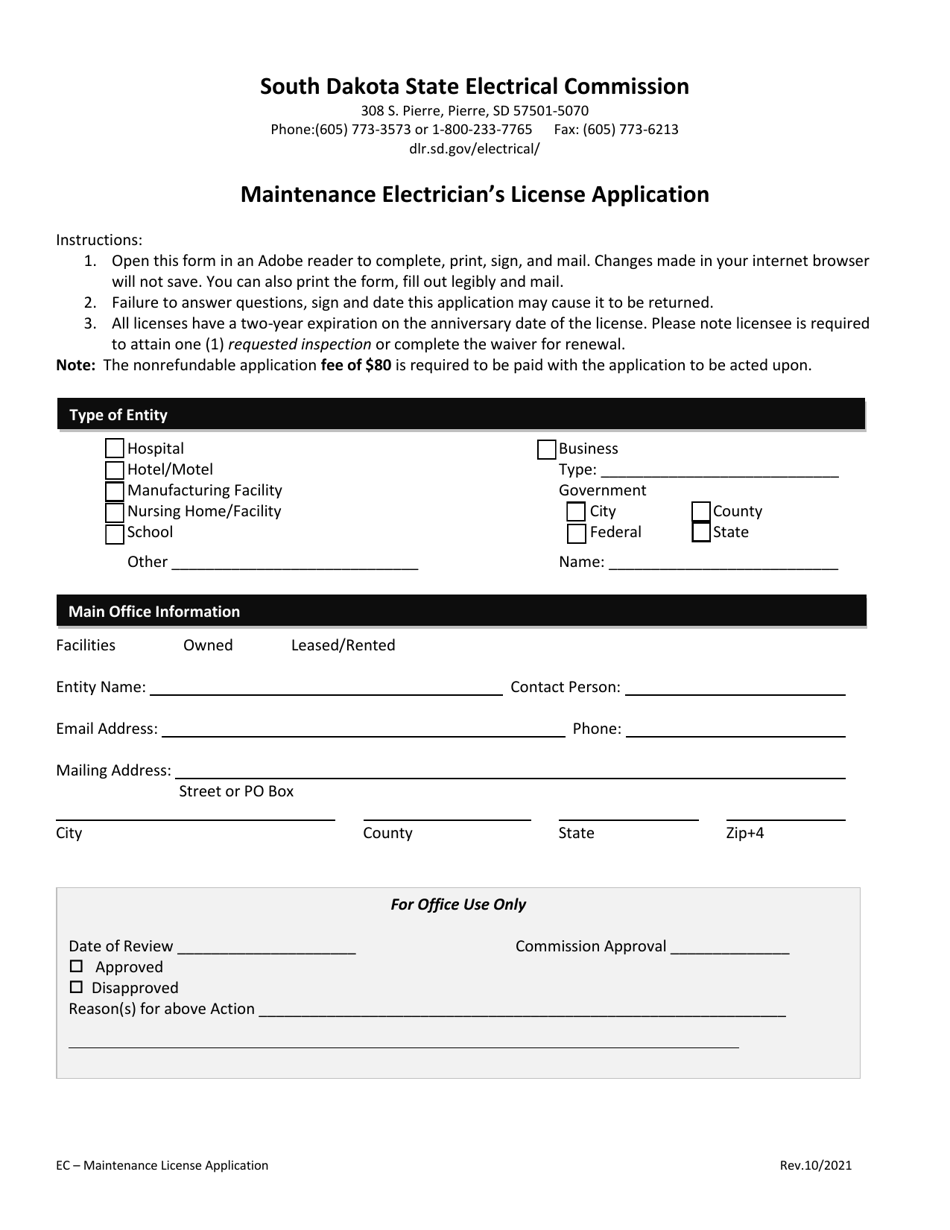 Maintenance Electricians License Application - South Dakota, Page 1