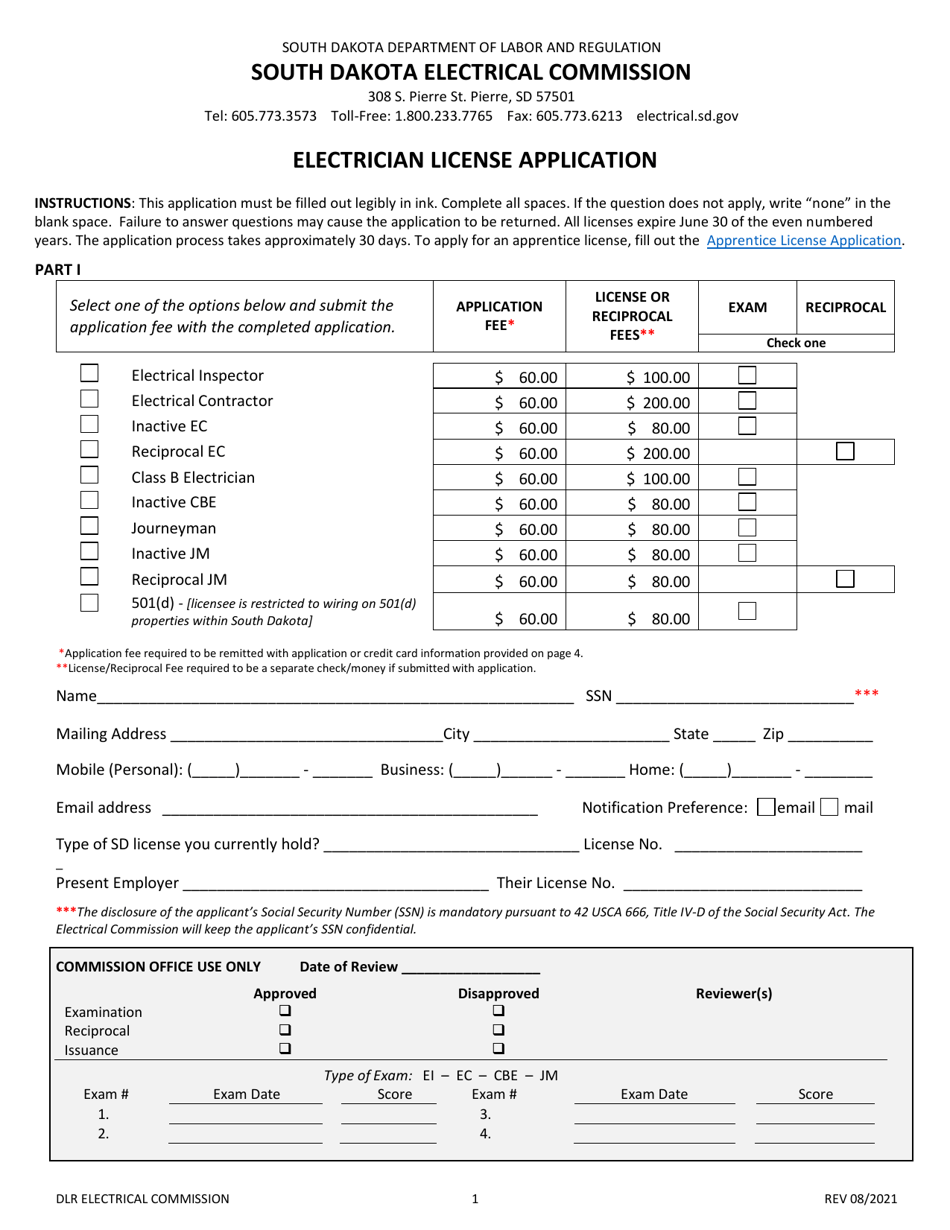 Electrician License Application - South Dakota, Page 1