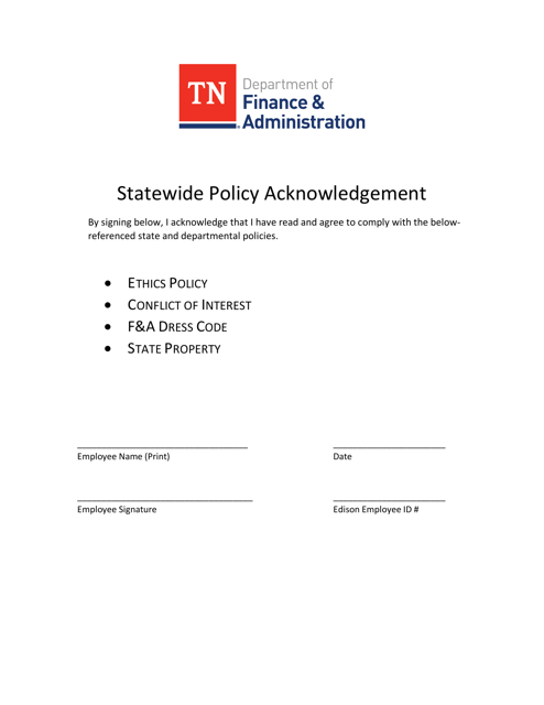 Statewide Policy Acknowledgement - Tennessee Download Pdf