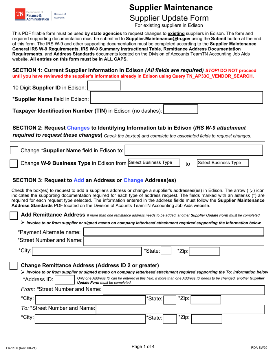 Form FA-1100 Supplier Maintenance Supplier Update Form - Tennessee, Page 1